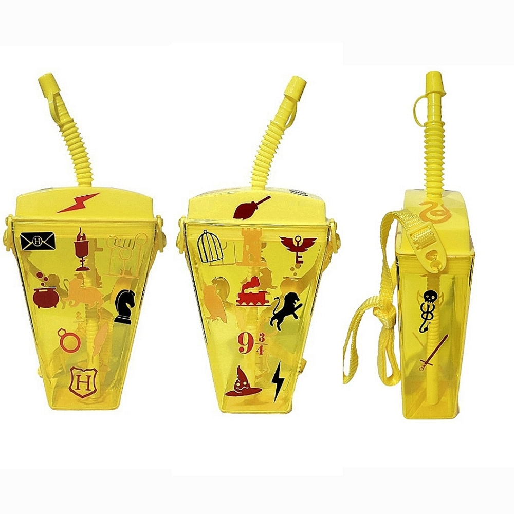 Harry Potter Kids Yellow Plastic Water Bottle Portable Shoulder Strap 16 oz